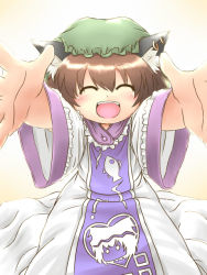 Rule 34 | 1girl, :d, ^ ^, bad id, bad pixiv id, brown hair, chen, closed eyes, cosplay, earrings, expressive clothes, closed eyes, female focus, fish, foreshortening, hat, heart, incoming hug, jewelry, kakkou, open mouth, outstretched arms, outstretched hand, short hair, smile, solo, touhou, yakumo ran, yakumo ran (cosplay)