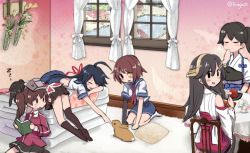 Rule 34 | 10s, 6+girls, ahoge, black hair, book, brown hair, closed eyes, commentary request, covering own mouth, curtains, detached sleeves, eating, flower, from behind, furutaka (kancolle), futon, gloves, hair ribbon, haruna (kancolle), headgear, heterochromia, indoors, japanese clothes, kaga (kancolle), kako (kancolle), kantai collection, kariginu, kneehighs, looking at viewer, looking back, lying, multiple girls, muneate, nontraditional miko, on stomach, rabbit, remodel (kantai collection), ribbon, rug, ryuujou (kancolle), seiza, sendai (kancolle), single glove, sitting, socks, table, terrajin, twintails, twitter username, visor cap, window, zzz
