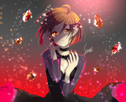 Rule 34 | 1girl, ahoge, black dress, breasts, brown eyes, brown hair, child-box, choker, cleavage, dress, gradient background, gradient hair, grey background, heterochromia, lens flare, long sleeves, looking at viewer, medium breasts, meiko (vocaloid), multicolored hair, nail polish, parted lips, red background, red eyes, red hair, red nails, short hair, solo, sparkle, standing, tears, upper body, vocaloid