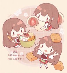 Rule 34 | 1girl, akagi (kancolle), arms up, bowl, brown hair, chibi, commentary request, drooling, food, fruit, hakama, hakama skirt, highres, holding, holding spoon, japanese clothes, kantai collection, long hair, mouth drool, multiple views, muneate, nada namie, open mouth, red hakama, sidelocks, signature, simple background, skirt, smile, spoon, tasuki, thighhighs, white thighhighs, wide sleeves