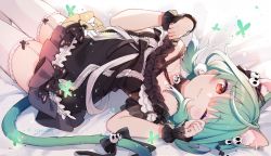 Rule 34 | 1girl, :3, animal ear fluff, animal ears, artist name, bare shoulders, black bow, black dress, blush, bow, bug, butterfly, cat ears, cat tail, choker, closed mouth, collarbone, dress, flat chest, frilled dress, frills, garter straps, green hair, green tail, hair bun, hair ornament, highres, hololive, insect, looking at viewer, lying, off-shoulder dress, off shoulder, on back, one eye closed, paw pose, red eyes, short hair, single side bun, smile, solo, tail, thighhighs, uruha rushia, uruha rushia (3rd costume), virtual youtuber, white thighhighs, yennineii