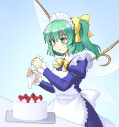 Rule 34 | 1girl, alternate costume, apron, blue dress, bow, cake, daiyousei, dress, enmaided, fairy wings, food, green eyes, green hair, hair bow, isaki (gomi), juliet sleeves, long sleeves, maid, maid apron, maid headdress, matching hair/eyes, puffy sleeves, side ponytail, solo, touhou, wings
