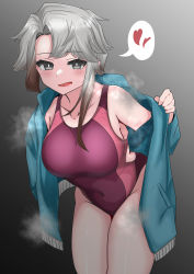 Rule 34 | 1girl, absurdres, akishimo (kancolle), alternate breast size, asymmetrical bangs, asymmetrical hair, bad id, bad pixiv id, bare legs, blush, collarbone, competition swimsuit, covered navel, cowboy shot, grey background, grey eyes, grey hair, groin, heart, highres, kantai collection, one-piece swimsuit, open mouth, purple one-piece swimsuit, short hair, solo, spoken heart, swimsuit, swimsuit under clothes, thighs, tokiwa senkei