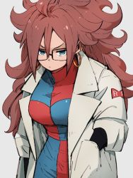 Rule 34 | 1girl, android 21, blue eyes, checkered clothes, checkered dress, dragon ball, dragon ball fighterz, dress, earrings, frown, glasses, grey background, hair between eyes, hoop earrings, jewelry, kemachiku, lab coat, long hair, long sleeves, red hair, red ribbon army, simple background, solo