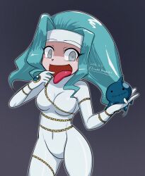 Rule 34 | 1girl, 1other, 2023, adapted costume, aqua hair, bare shoulders, blue eyes, bodysuit, breasts, cosplay, curvy, dated, digimon, digimon xros wars, drippin (digimon), elbow gloves, empty eyes, female focus, gloves, happy, heart, highres, kouma bonmaid, looking at viewer, medium breasts, ruka (digimon), shiny clothes, smile, splashmon, splashmon (cosplay), tongue, tongue out
