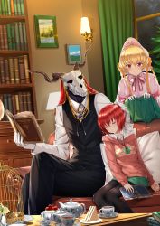 Rule 34 | 1boy, 2girls, blonde hair, bonnet, book, bookshelf, closed eyes, closed mouth, coffee table, crossed legs, cup, curtains, elias ainsworth, food, gloves, green skirt, hatori chise, highres, holding, holding book, horns, indoors, jewelry, long sleeves, mahou tsukai no yome, mask, multiple girls, necklace, open book, pantyhose, pastry, purple eyes, red hair, sandwich, saucer, short hair, silky (mahou tsukai no yome), sitting, skirt, skull, pants, sleeping, smile, solo focus, sweater, swordsouls, table, teacup, teapot, vest, white gloves, window