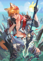 Rule 34 | 1boy, absurdres, animal ears, black gloves, blood, closed mouth, day, fox ears, fox tail, genshin impact, gloves, hair between eyes, highres, holding, holding weapon, injury, jacket, male focus, mask, mask on head, open clothes, open jacket, orange hair, outdoors, partially submerged, pectorals, polearm, red gloves, saber beam, scar, scar on chest, scarf, seelie (genshin impact), sky, spear, tail, tartaglia (genshin impact), torn clothes, vision (genshin impact), water, weapon