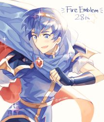 Rule 34 | 1boy, absurdres, armor, blue eyes, blue hair, cape, fire emblem, fire emblem: mystery of the emblem, gloves, highres, male focus, marth (fire emblem), nintendo, open mouth, short hair, simple background, smile, solo, tecchen, tiara, white background