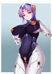 Rule 34 | 1girl, android, bad id, bad pixiv id, blue background, blush, bodysuit, breast hold, breast lift, breasts, breasts apart, cameltoe, circlet, covered erect nipples, covered navel, cowboy shot, deep skin, fat mons, gradient background, half-closed eyes, highleg, highleg leotard, highres, hip focus, huge breasts, impossible clothes, inverted nipples, joints, leotard, long hair, looking at viewer, nipples, original, parted bangs, parted lips, puffy nipples, purple hair, red eyes, robot ears, robot joints, solo, standing, thighs, toned, vuccha