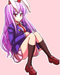 Rule 34 | 1girl, animal ears, black socks, blazer, blush, breasts, collared shirt, crescent, crescent moon, crescent pin, jacket, lapel pin, legs, loafers, long hair, looking at viewer, medium breasts, miniskirt, moon, necktie, outline, pink background, purple hair, rabbit ears, red eyes, reisen udongein inaba, shirt, shoes, simple background, sitting, skirt, smile, socks, solo, tanakara, touhou, tsurime, white outline