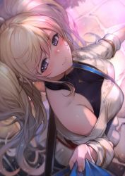 Rule 34 | 1girl, bandaid, bandaid on cheek, bandaid on face, bare shoulders, belt, blonde hair, blush, breasts, closed mouth, clothes pull, granblue fantasy, grey eyes, hair between eyes, halterneck, highres, kakage, large breasts, long hair, long sleeves, looking at viewer, monika weisswind, off-shoulder shirt, off shoulder, sheath, shirt, shirt pull, smile, solo focus, swept bangs, sword, twintails, weapon, white shirt
