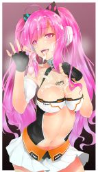 Rule 34 | 1girl, artist request, body writing, breasts, cleavage, condom, cum, cum in mouth, cum on tongue, cum string, facial, gloves, headphones, heart, heart-shaped pupils, highres, katoma, large breasts, miniskirt, pink eyes, pink hair, rasis, skirt, solo, sound voltex, sound voltex ii infinite infection, sound voltex iii gravity wars, symbol-shaped pupils