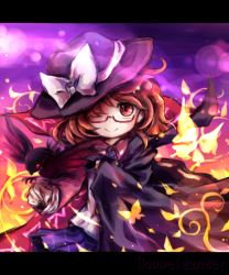 Rule 34 | 1girl, bird, bow, brown eyes, brown hair, cape, crow, fire, fire, glasses, hair over one eye, hat, hat bow, letterboxed, looking at viewer, pote (ptkan), pyrokinesis, red-framed eyewear, shirt, skirt, smile, solo, touhou, usami sumireko