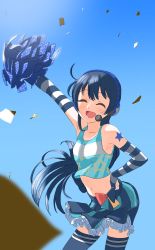 Rule 34 | 1girl, bare shoulders, blue hair, blue thighhighs, blush, cheerleader, commentary request, cowboy shot, day, elbow gloves, fingerless gloves, gloves, hair between eyes, hand on own hip, headset, highres, long hair, love live!, love live! school idol festival, love live! school idol project, midriff, navel, open mouth, pom pom (cheerleading), skirt, sky, smile, solo, sonoda umi, star (symbol), striped clothes, striped gloves, takaramonozu, thighhighs