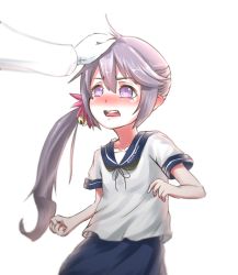 Rule 34 | 10s, 1girl, akebono (kancolle), bell, blush, breasts, disco brando, embarrassed, flower, hair bell, hair flower, hair ornament, hand on another&#039;s head, head pat, headpat, jingle bell, kantai collection, long hair, nose blush, open mouth, purple eyes, purple hair, school uniform, self-upload, serafuku, side ponytail, simple background, skirt, small breasts, solo focus, tears, upper body