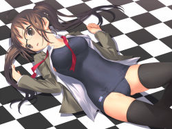 Rule 34 | 1girl, black one-piece swimsuit, breasts, brown eyes, brown hair, checkered floor, floor, glasses, large breasts, long hair, lying, no pants, on back, one-piece swimsuit, open clothes, open shirt, original, ribbon, school swimsuit, school uniform, serafuku, shirt, skindentation, solo, swimsuit, swimsuit under clothes, thighhighs, twintails, undressing, uni (plastic girl), uniform, zettai ryouiki