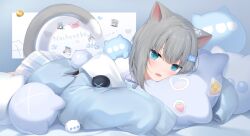Rule 34 | 1girl, :d, amashiro natsuki, animal ears, bed sheet, blue eyes, blue jacket, cat ears, cat girl, cat tail, character name, commentary, fang, grey hair, hair between eyes, hair ornament, highres, indie virtual youtuber, jacket, long sleeves, looking at viewer, lying, nachoneko, nyan, hugging object, on stomach, open clothes, open jacket, open mouth, pillow, pillow hug, plaid, plaid skirt, pleated skirt, puffy long sleeves, puffy sleeves, romaji text, shirt, skirt, sleeves past fingers, sleeves past wrists, smile, solo, symbol-only commentary, tail, virtual youtuber, white shirt, white skirt
