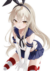 1girl black_hairband black_neckerchief black_panties blonde_hair blue_sailor_collar blue_skirt brown_eyes cowboy_shot crop_top elbow_gloves fathom gloves hairband highleg highleg_panties highres kantai_collection long_hair looking_at_viewer microskirt miniskirt neckerchief panties pleated_skirt sailor_collar shimakaze_(kancolle) shirt sitting skirt sleeveless sleeveless_shirt solo striped_clothes striped_thighhighs thighhighs underwear white_gloves