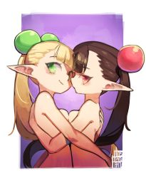 Rule 34 | 2girls, blonde hair, borrowed character, breast press, brown hair, closed mouth, commentary, elf, english commentary, green eyes, hair bobbles, hair ornament, highres, hug, long hair, multiple girls, nude, original, pointy ears, ponytail, purple background, red eyes, signature, smile, symmetrical docking, tostantan, yuri