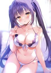Rule 34 | 1girl, absurdres, arm support, bare arms, blurry, blurry background, blush, bra, breasts, cleavage, gluteal fold, hair between eyes, highres, lace, lace-trimmed bra, lace trim, long hair, looking at viewer, medium breasts, nanohana kohina, navel, non-web source, original, panties, purple hair, sidelocks, sitting, solo, swimsuit, thighs, tongue, tongue out, twintails, underwear, very long hair, white bra, white panties, yellow eyes