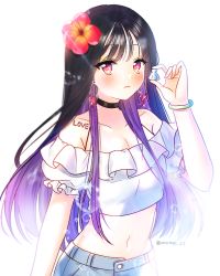 Rule 34 | 1girl, :&lt;, bare shoulders, black choker, black hair, blush, bracelet, breasts, bubble, choker, cleavage, closed mouth, collarbone, crop top, denim, denim shorts, earrings, flower, glint, hair flower, hair ornament, halterneck, hand up, holding, jewelry, long hair, looking at viewer, mamel 27, medium breasts, midriff, multicolored hair, navel, off-shoulder shirt, off shoulder, original, purple hair, red eyes, red flower, shirt, short sleeves, shorts, simple background, solo, twitter username, two-tone hair, upper body, white background, white shirt