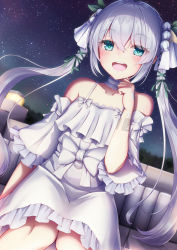 Rule 34 | 1girl, absurdres, aqua eyes, bare shoulders, bow, collarbone, commentary, cowboy shot, dress, dutch angle, frilled dress, frilled sleeves, frills, hair between eyes, hand up, highres, long hair, long sleeves, looking at viewer, messiah &amp; crea, night, night sky, off-shoulder dress, off shoulder, open mouth, original, outdoors, sidelocks, silver hair, sitting, sky, smile, solo, star (sky), starry sky, teeth, twintails, upper teeth only, white bow, white dress