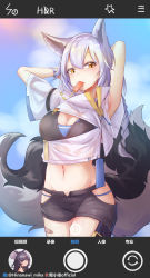 Rule 34 | 1girl, absurdres, animal ears, arknights, armpits, arms behind head, arms up, blue sky, braid, breasts, chinese commentary, cleavage, cloud, commentary request, cowboy shot, crop top, day, highres, hinanawi mika, hip vent, large breasts, long hair, looking at viewer, midriff, mouth hold, navel, official alternate costume, provence (arknights), provence (casual vacation) (arknights), purple hair, shirt, short shorts, short sleeves, shorts, sky, solo, standing, stomach, tail, thighs, white shirt, wolf ears, wolf tail, yellow eyes