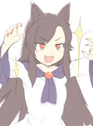 Rule 34 | 1girl, animal ear fluff, animal ears, blush, brooch, brown hair, commentary request, dress, fangs, fingernails, hands up, imaizumi kagerou, jewelry, kaiza (rider000), long fingernails, long hair, long sleeves, nail polish, open mouth, red eyes, red nails, simple background, smile, solo, sparkle, touhou, upper body, white background, white dress, wolf ears