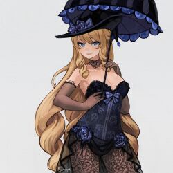 Rule 34 | 1girl, bare shoulders, black headwear, black umbrella, blonde hair, blue bow, blue dress, blue eyes, bow, breasts, brown gloves, bunnyoki, cleavage, commentary, cowboy shot, dress, elbow gloves, english commentary, genshin impact, gloves, grey background, highres, holding, holding umbrella, large breasts, long hair, looking at viewer, navia (genshin impact), pantyhose, parasol, simple background, smile, solo, standing, strapless, strapless dress, thighs, umbrella, very long hair