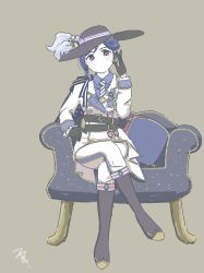 Rule 34 | 1girl, absurdres, alternate hairstyle, artist name, artist request, belt, belt buckle, black belt, black footwear, black gloves, black hat, blue bow, blue cape, blue hair, blue ribbon, blue shirt, blue wrist cuffs, blush, boots, bow, breasts, buckle, cape, chair, collared dress, collared shirt, crossed legs, dress, dress shirt, earrings, epaulettes, female focus, full body, gloves, grey background, hair between eyes, half gloves, hand on own hip, hat, hat ribbon, high heel boots, high heels, highres, jewelry, knee boots, long hair, long sleeves, looking at viewer, love live!, love live! school idol festival, love live! school idol festival all stars, love live! sunshine!!, loyal knight (love live!), matsuura kanan, necktie, on chair, pants, pants under dress, parted lips, ponytail, purple eyes, ribbon, shirt, shirt under dress, short dress, short hair, sitting, sleeve cuffs, small breasts, smile, solo, sparkle, sparkle print, striped necktie, striped neckwear, white dress, white necktie, white pants, wing collar, wrist cuffs