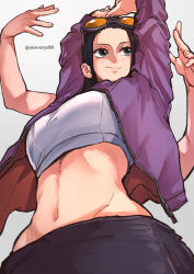 Rule 34 | 1girl, alternate costume, aosora2823, aqua eyes, arms up, bare arms, black hair, breasts, closed mouth, crop top, cropped shirt, extra arms, eyewear on head, from below, hana hana no mi, highres, jacket, large breasts, linea alba, long hair, long sleeves, looking afar, looking to the side, midriff, navel, nico robin, one piece, outstretched arms, own hands together, purple jacket, shirt, smile, solo, stomach, stretching, sunglasses, taut clothes, taut shirt, twitter username, unzipped, upper body, zipper, zipper pull tab