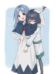 Rule 34 | 2girls, :d, black hair, blue background, blue capelet, blue eyes, blue hair, capelet, commentary request, dress, hand on another&#039;s head, highres, kayano (kyn soto), kumoi ichirin, long sleeves, medium hair, multiple girls, murasa minamitsu, open mouth, shorts, smile, squiggle, touhou, white dress, white shorts