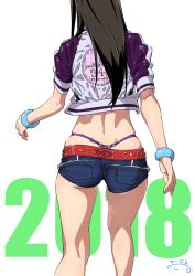 Rule 34 | 1girl, 2018, ass, black hair, bracelet, commentary request, cropped jacket, denim, denim shorts, from behind, highres, idolmaster, idolmaster cinderella girls, jewelry, kneepits, long hair, panties, purple panties, shibuya rin, short shorts, short sleeves, shorts, signature, simple background, solo, standing, suna (sandworks), thong, underwear, whale tail (clothing), white background