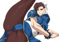 Rule 34 | 1girl, brown hair, cameltoe, capcom, chun-li, earrings, highres, jewelry, lime (purple haze), pantyhose, solo, spread legs, street fighter, thick thighs, thighs