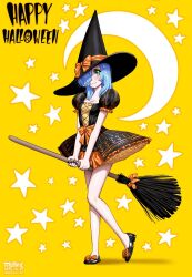 Rule 34 | blue hair, blush, broom, cosplay, daisy (fellatrix), fellatrix, green eyes, hat, highres, long hair, moon, star (symbol), witch (cosplay), witch hat
