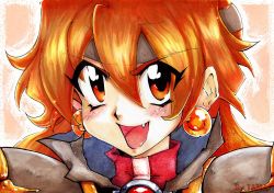 Rule 34 | &gt;:d, 1girl, :d, artist name, blush, earrings, fang, hair between eyes, headband, jewelry, lina inverse, open mouth, orange hair, slayers, smile, solo, tama! (lazyturtle), traditional media, v-shaped eyebrows, watermark