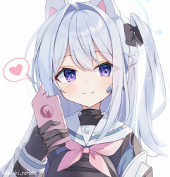 Rule 34 | 1girl, animal ears, black bow, black gloves, blue archive, bow, braid, cellphone, closed mouth, fake animal ears, gloves, hair bow, heart, holding, holding phone, long hair, looking at viewer, miyako (blue archive), neckerchief, one side up, phone, pink gloves, pink neckerchief, bulletproof vest, purple eyes, rabbit ears, sailor collar, shirai tanuki, simple background, smartphone, smile, solo, spoken heart, twitter username, two-tone gloves, upper body, white background, white hair, white sailor collar