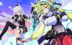Rule 34 | 2girls, ahoge, ai-chan (chrono navi) (honkai impact), ai-chan (honkai impact), bad source, black footwear, black gloves, black headwear, black shorts, blue eyes, closed mouth, collaboration, cosplay, crossed arms, eyeliner, galo thymos, galo thymos (cosplay), gloves, green hair, hair between eyes, hand on own chin, highres, holding, holding sword, holding weapon, honkai (series), honkai impact 3rd, kiana kaslana, kiana kaslana (herrscher of flamescion), lio fotia, lio fotia (cosplay), logo, long hair, long sleeves, looking at viewer, multiple girls, official alternate costume, official art, ponytail, promare, red eyeliner, red eyes, shorts, single thighhigh, sitting, smile, sword, thigh strap, thighhighs, twintails, upper body, weapon, white hair, white sleeves