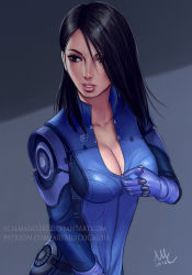 Rule 34 | 1girl, 2016, artist name, ashley williams, black eyes, black hair, blue background, blue theme, bodysuit, breasts, cleavage, hair over one eye, highres, lips, long hair, mass effect (series), mass effect 3, nose, parted lips, realistic, sciamano240, unzipping, watermark, web address