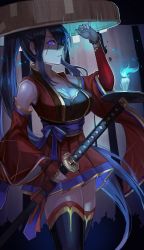 Rule 34 | 1girl, absurdres, amahara subaru, black hair, blue fire, breasts, cleavage, detached sleeves, fire, highres, holding, holding sword, holding weapon, huge filesize, japanese clothes, katana, long hair, looking at viewer, original, ponytail, profile, purple eyes, sandogasa, scabbard, scar, scar across eye, scar on face, sheath, sidelocks, solo, sword, thighhighs, torch, torn clothes, very long hair, weapon