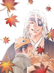 Rule 34 | 2boys, aged up, autumn, autumn leaves, baby, baby carry, black hair, blush, carrying, commentary request, earrings, eyelashes, eyepatch, falling leaves, grin, hair between eyes, hashibira inosuke, highres, if they mated, japanese clothes, jewelry, kimetsu no yaiba, kimono, komedawara0130, leaf, long sleeves, male focus, maple leaf, medium hair, multiple boys, one eye covered, pig hat, profile, simple background, smile, toy, uncle and nephew, uzui tengen, white background, white hair