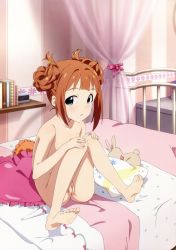 Rule 34 | 1girl, absurdres, aqua eyes, artist request, ass, barefoot, bed, blush, breasts, brown hair, feet, highres, idolmaster, idolmaster (classic), looking at viewer, nude, nude filter, pussy, short hair, small breasts, soles, solo, stuffed animal, stuffed toy, takatsuki yayoi, third-party edit, toes, uncensored