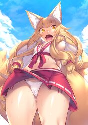 1girl animal_ears blonde_hair breasts cameltoe cleavage cloud cloudy_sky cowboy_shot crop_top fangs fox_ears fox_girl fox_tail highres ichijou_hitoshi long_hair looking_at_viewer looking_down low-tied_sidelocks medium_breasts open_mouth orange_eyes original panties shiny_skin side-tie_panties sky slit_pupils solo sweat tail thighs underwear very_long_hair