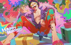 Rule 34 | 1boy, :d, arm on knee, bird, blonde hair, coat, coat on shoulders, colorful, donquixote doflamingo, earrings, flamingo, fur coat, gift, hand up, happy birthday, hat, highres, jewelry, m legs, male focus, multiple rings, official alternate costume, one piece, open clothes, open mouth, open shirt, orange eyewear, pants, piercing, purple shirt, qin (7833198), red pants, ring, sandals, shirt, short hair, sitting, skull and crossbones, smile, solo, sunglasses, tongue, tongue out, tongue piercing