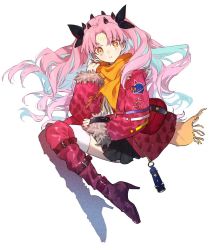Rule 34 | 1girl, belt, black skirt, blue hair, boots, breasts, facial mark, fate/grand order, fate (series), forehead mark, fur-trimmed jacket, fur trim, hair ribbon, high heel boots, high heels, horns, ishtar (fate), jacket, kabutomushi s, long hair, long sleeves, looking at viewer, medium breasts, miniskirt, multicolored hair, off shoulder, open clothes, open jacket, parted bangs, pink hair, red footwear, red jacket, ribbon, scarf, shirt, skirt, solo, space ishtar (dream portrait) (fate), space ishtar (fate), symbol-shaped pupils, thigh boots, thighhighs, thighhighs under boots, two-tone hair, two side up, white shirt, yellow eyes, yellow scarf