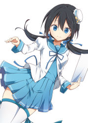 Rule 34 | 1girl, black hair, blue eyes, bow, commentary request, hair bow, hair ribbon, hat, holding, long hair, looking at viewer, low twintails, mini hat, original, paper, pleated skirt, ragho no erika, ribbon, simple background, skirt, smile, solo, thighhighs, twintails, white background, zettai ryouiki