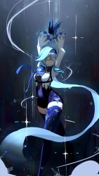 Rule 34 | 1girl, absurdres, arms up, black footwear, black gloves, black hairband, blue gloves, blue hair, blue necktie, blue thighhighs, boots, breasts, cape, closed eyes, closed mouth, eula (genshin impact), genshin impact, gloves, hair ornament, hairband, highres, laska (572124034), leotard, long sleeves, medium breasts, medium hair, multicolored clothes, multicolored gloves, necktie, snowflakes, solo, sparkle background, standing, thigh boots, thigh strap, thighhighs, thighs, vision (genshin impact)