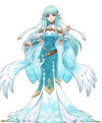Rule 34 | 1girl, bare shoulders, belt, blue hair, breasts, cape, detached sleeves, dress, feather trim, feathers, fire emblem, fire emblem: the blazing blade, fire emblem heroes, full body, gradient clothes, hair ornament, hands up, highres, long dress, long hair, long skirt, looking at viewer, medium breasts, ninian (fire emblem), nintendo, non-web source, official art, parted lips, red eyes, skirt, smile, snowflake print, snowflakes, solo, standing, transparent background, uroko (mnr)