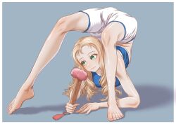 Rule 34 | 1girl, absurdres, barefoot, blonde hair, blue shirt, contortion, drill hair, feet, flexible, folding fan, girls und panzer, green eyes, grey background, hand fan, highres, holding, holding own hair, marie (girls und panzer), medium hair, shirt, shorts, simple background, tigern (tigern28502735), toes