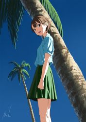 Rule 34 | 1girl, arm at side, blue sky, brown eyes, brown hair, green skirt, highres, looking at viewer, mac naut, nozomi (sonny boy), open mouth, outdoors, palm tree, short hair, short sleeves, skirt, sky, solo, sonny boy, standing, summer, tree, uniform